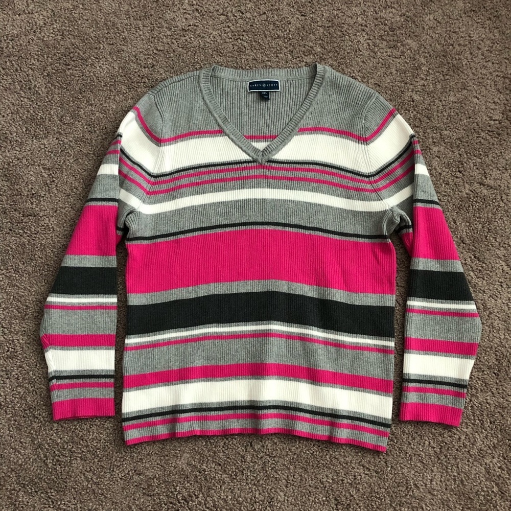 Karen Scott Sweater Womens Size XXL Pink Grey Striped V Neck